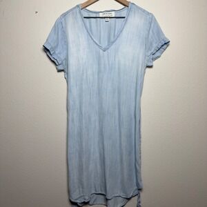 Anthropologie Cloth & Stone Women Chambray Mini Dress Large V-Neck Tie Waist